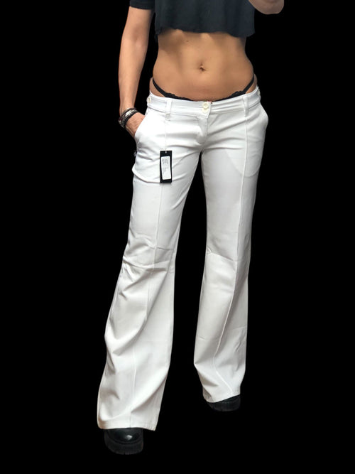 Białe spodnie dzwony Y2K z niskim stanem biodrówki vintage VIBEX