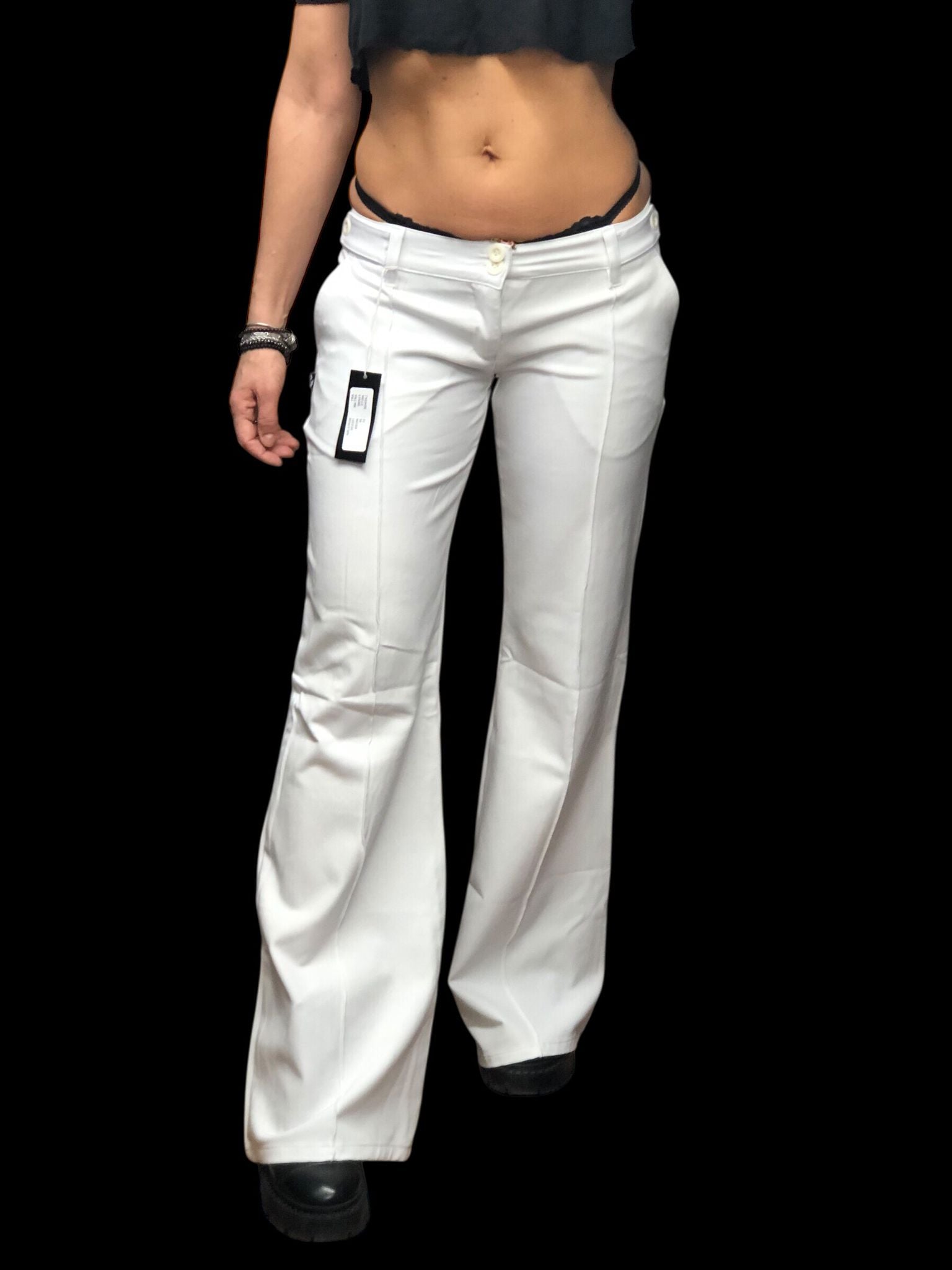 Białe spodnie dzwony Y2K z niskim stanem biodrówki vintage VIBEX