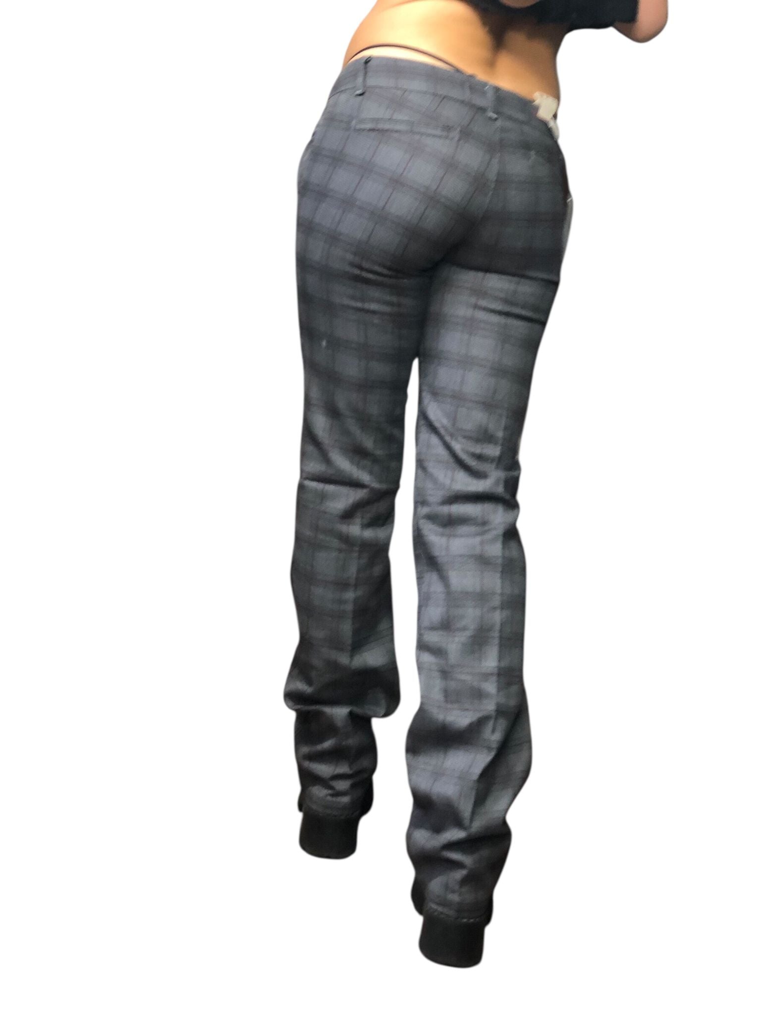 Spodnie Y2K – szare w delikatną czarną kratę (Low Rise / biodrówki)