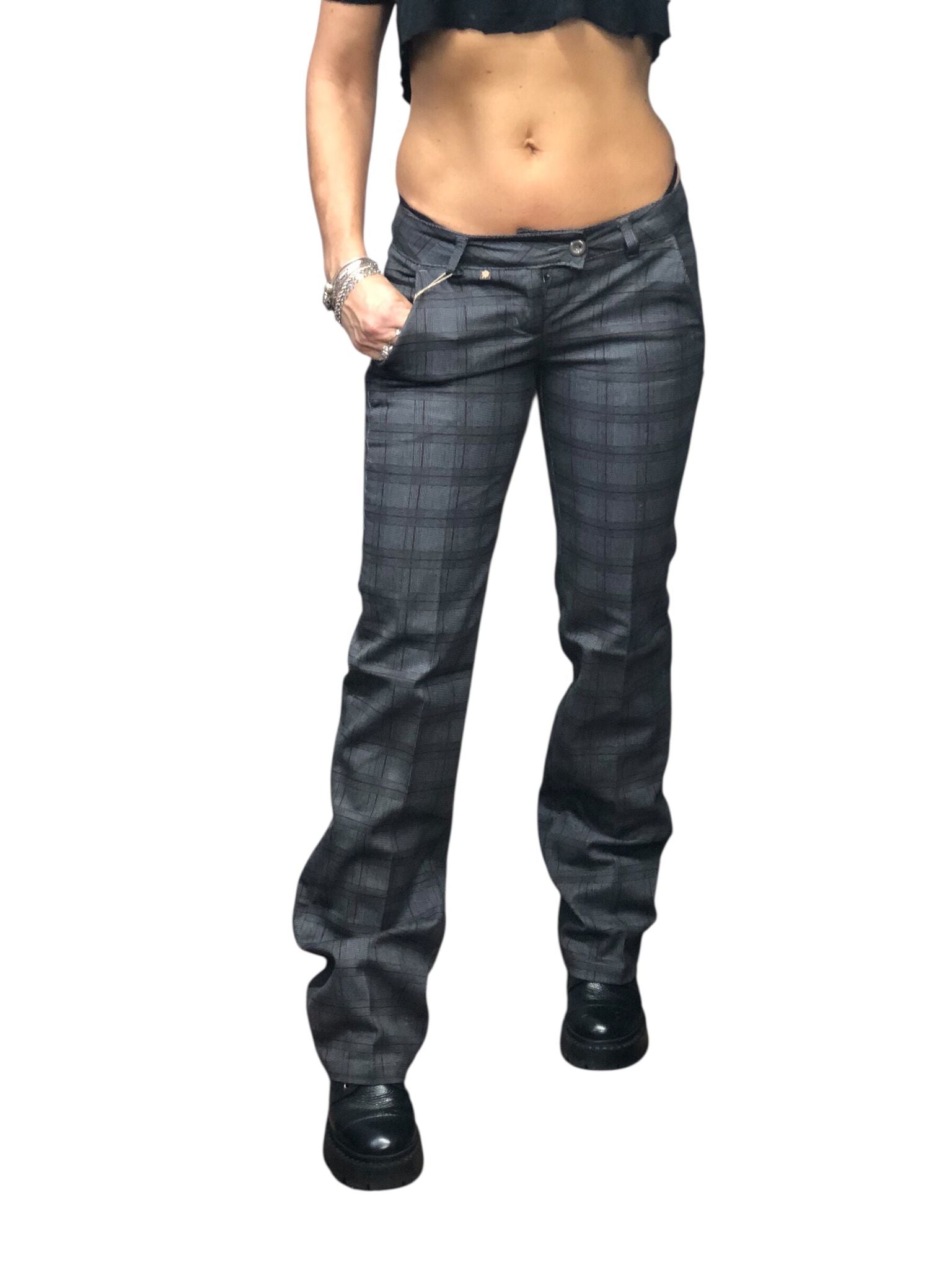 Spodnie Y2K – szare w delikatną czarną kratę (Low Rise / biodrówki)