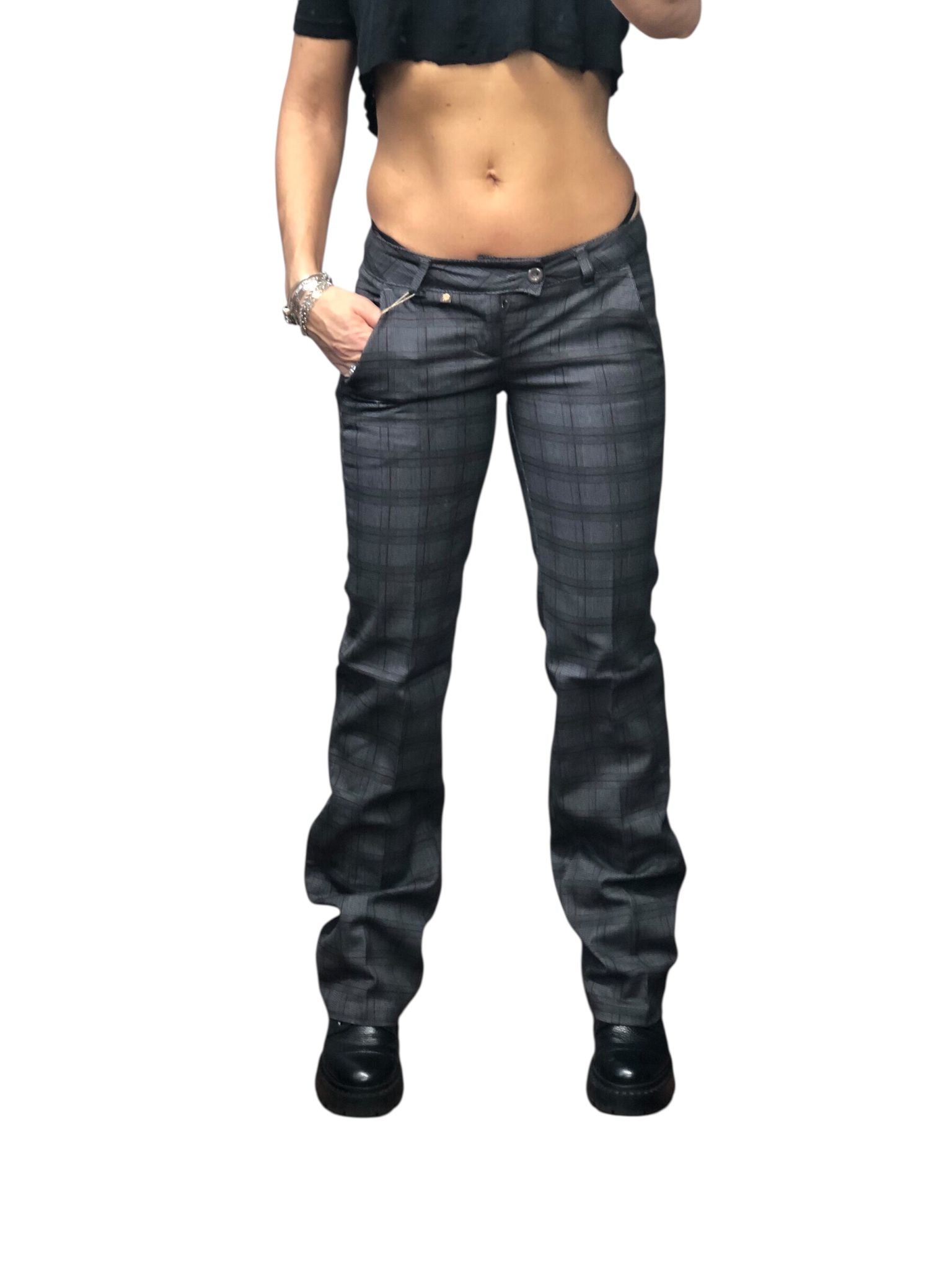 Spodnie Y2K – szare w delikatną czarną kratę (Low Rise / biodrówki)