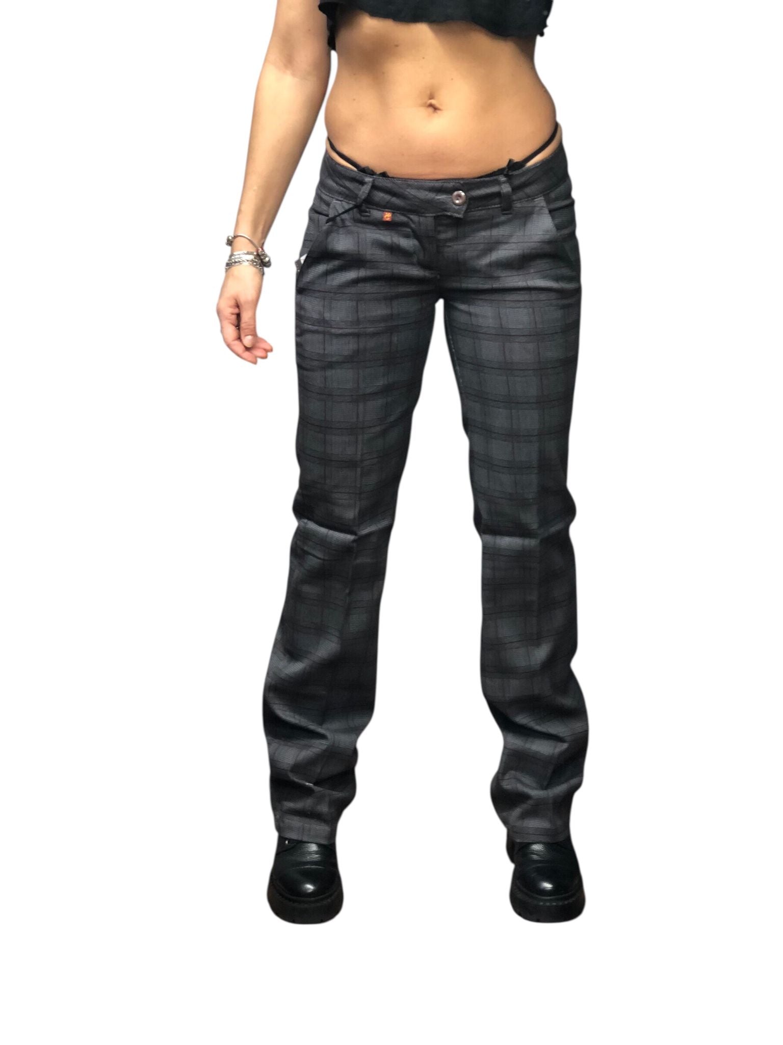 Spodnie Y2K – szare w delikatną czarną kratę (Low Rise / biodrówki)