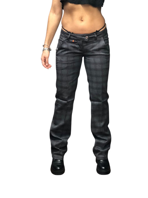 Spodnie Y2K – szare w delikatną czarną kratę (Low Rise / biodrówki)