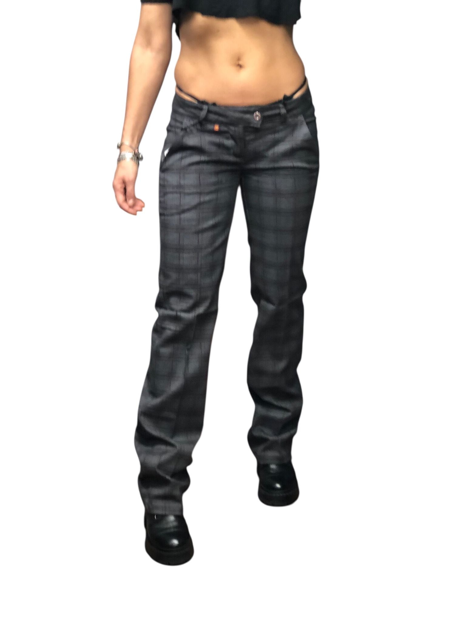 Spodnie Y2K – szare w delikatną czarną kratę (Low Rise / biodrówki)