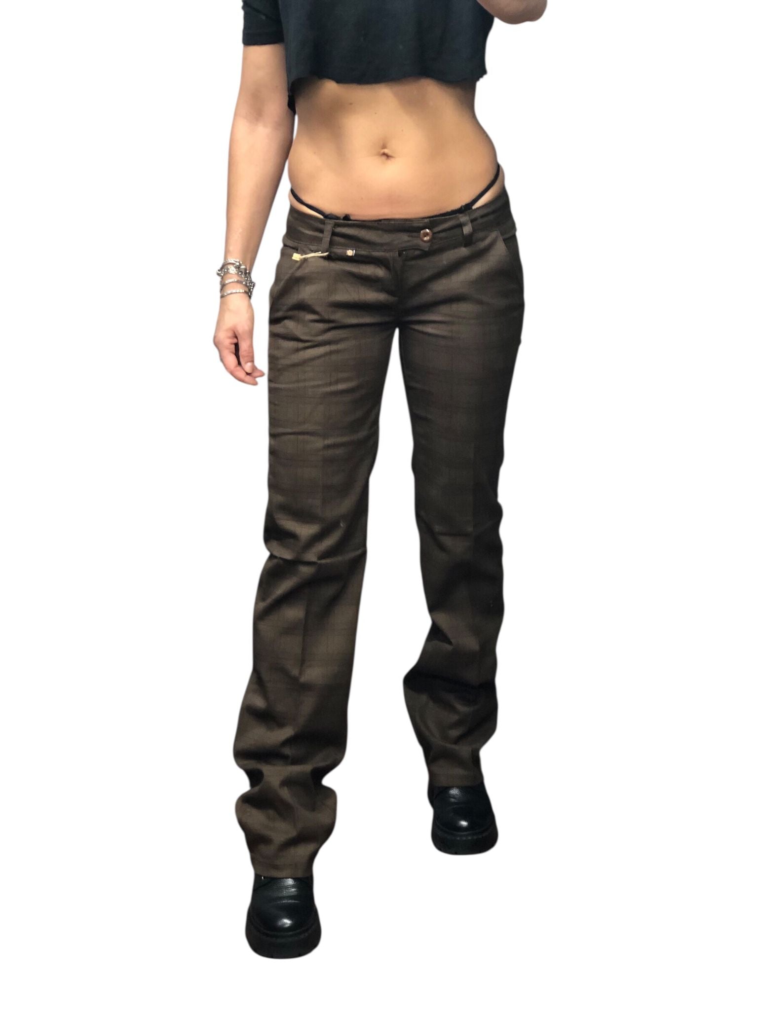 Brązowe bawełniane elegancko sportowe spodnie na kant z niskim stanem Y2K.