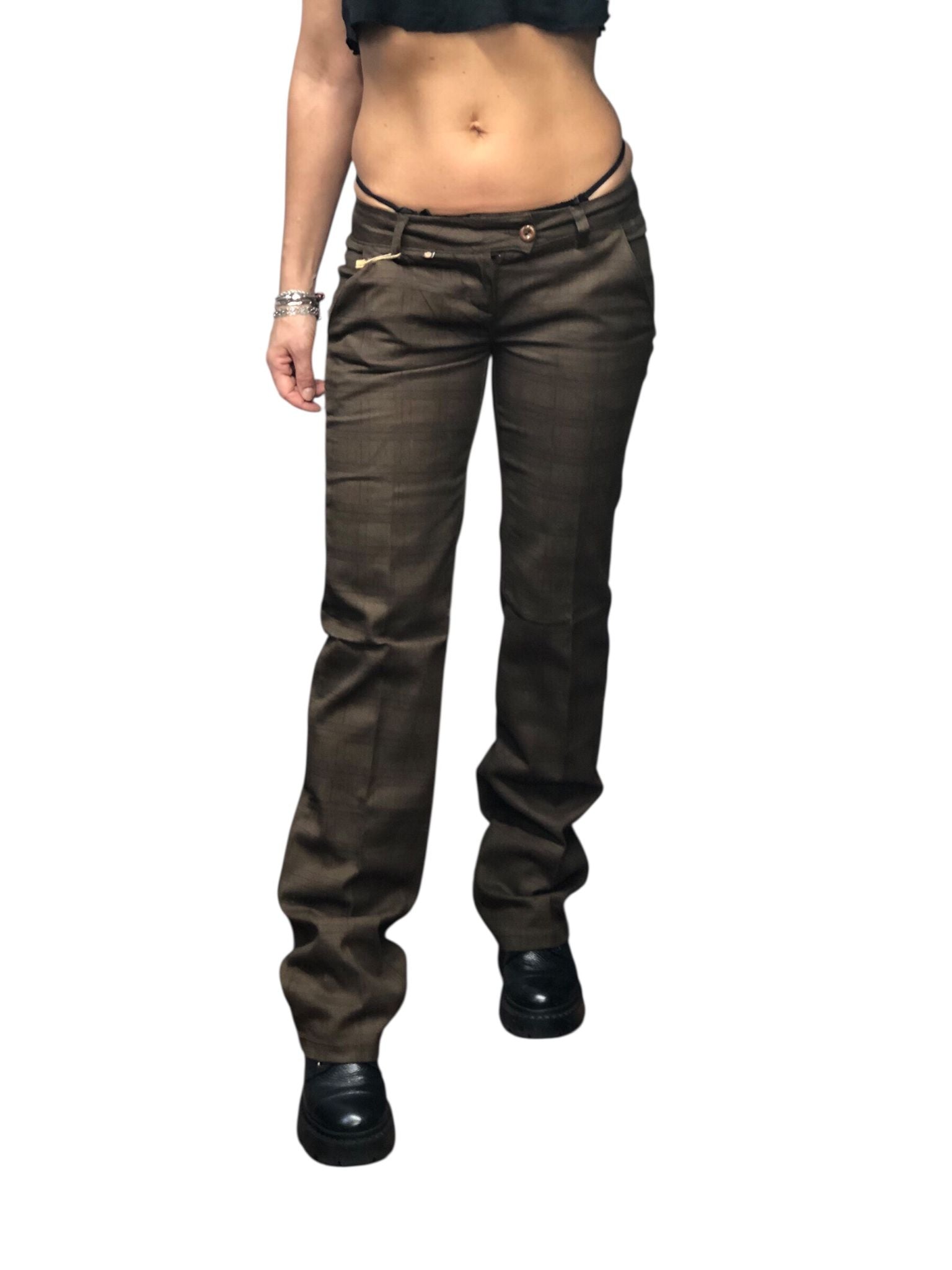 Brązowe bawełniane elegancko sportowe spodnie na kant z niskim stanem Y2K.