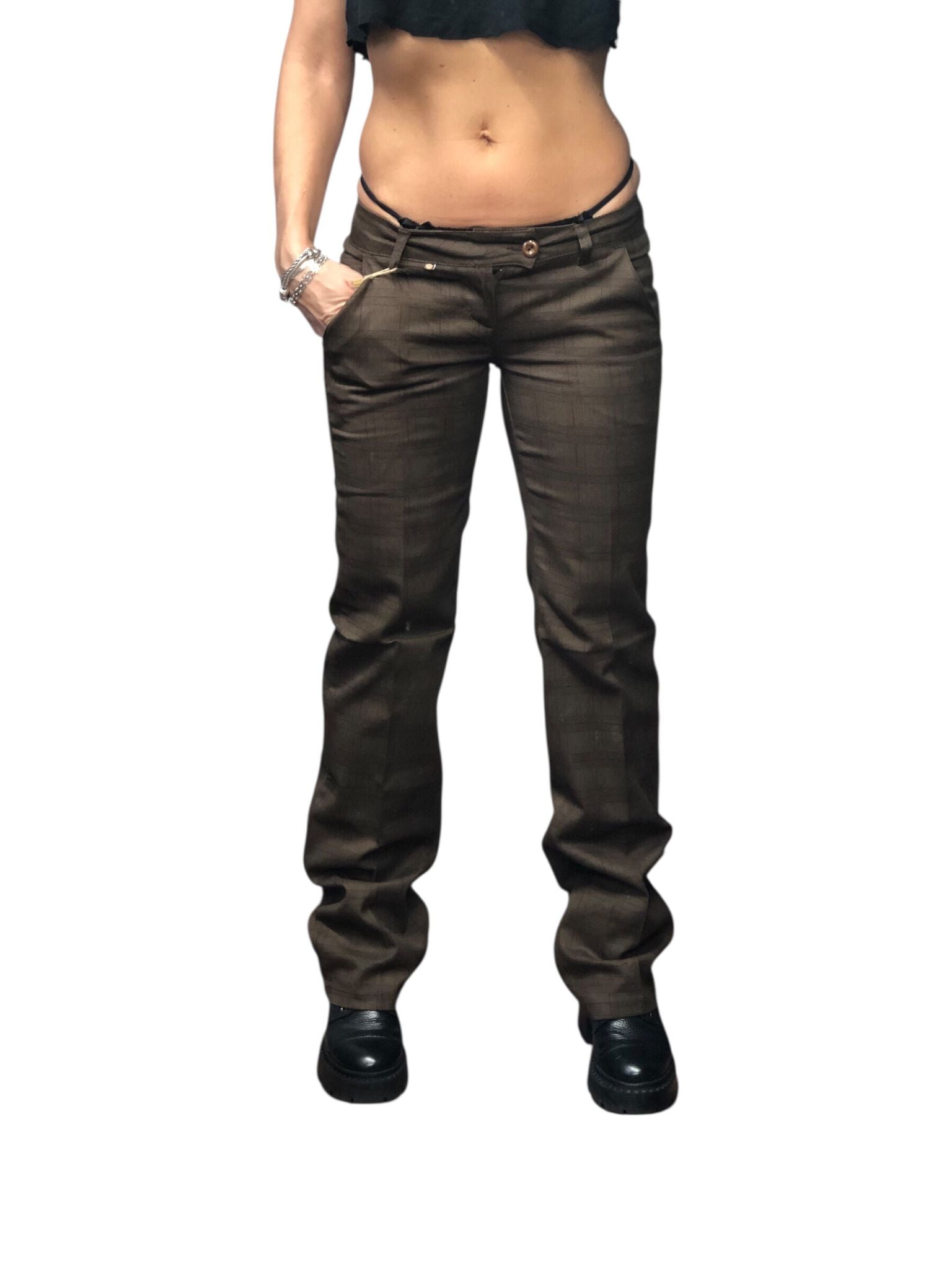 Brązowe bawełniane elegancko sportowe spodnie na kant z niskim stanem Y2K.