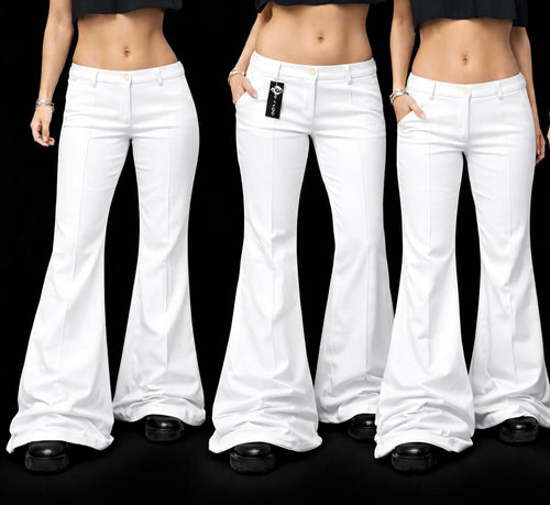 Białe spodnie dzwony Y2K z niskim stanem biodrówki vintage VIBEX