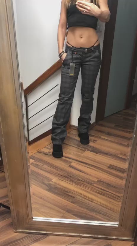 Bawełniane elegancko sportowe spodnie na kant z niskim stanem Y2K - szare w czarną kratkę