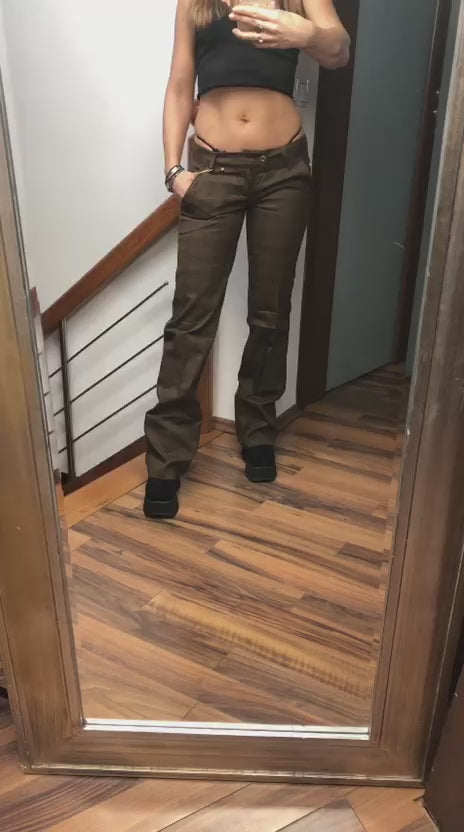 Brązowe bawełniane elegancko sportowe spodnie na kant z niskim stanem Y2K.